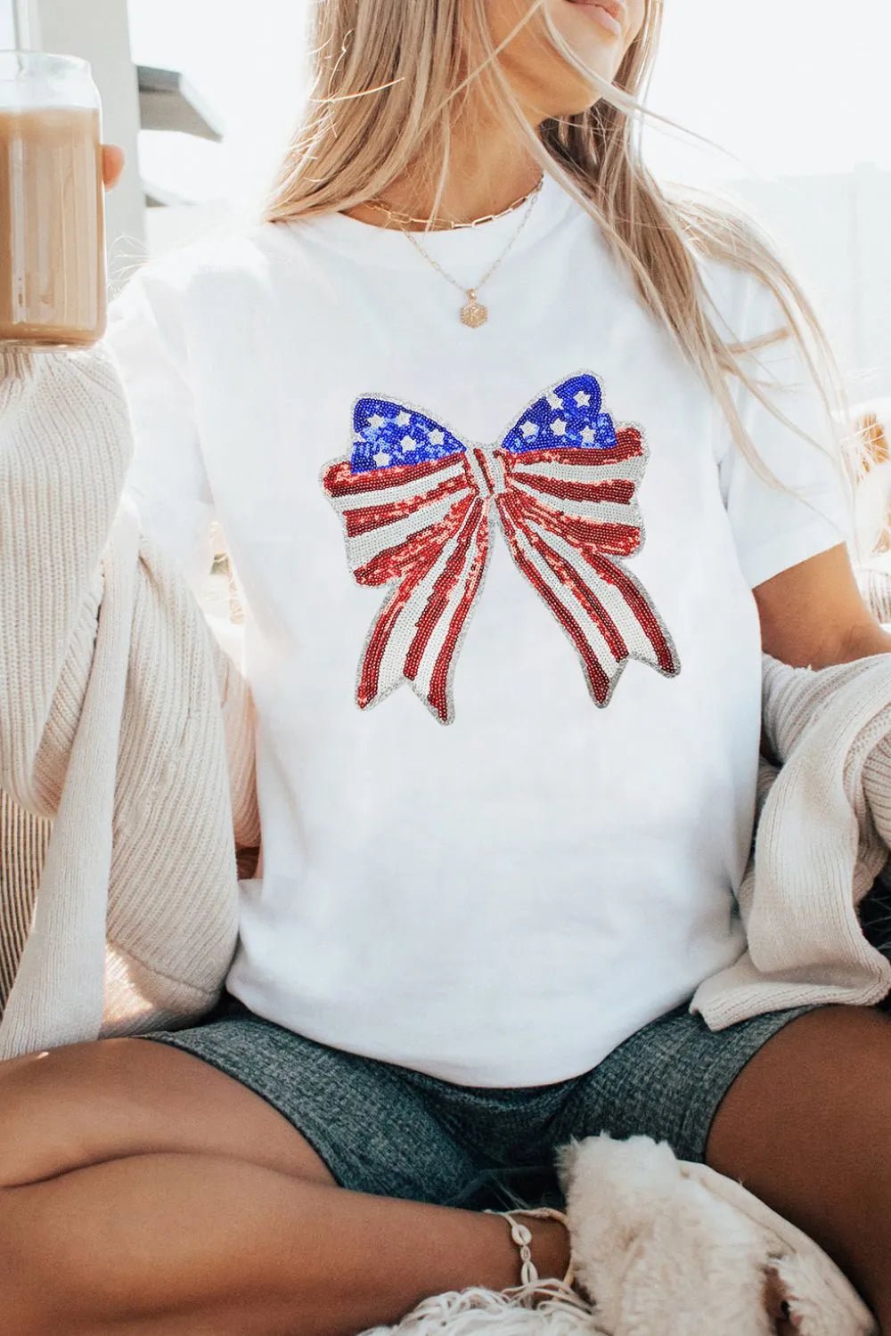 USA Flag Bow Knot Patched Crew Neck T Shirt – White by Simply Love