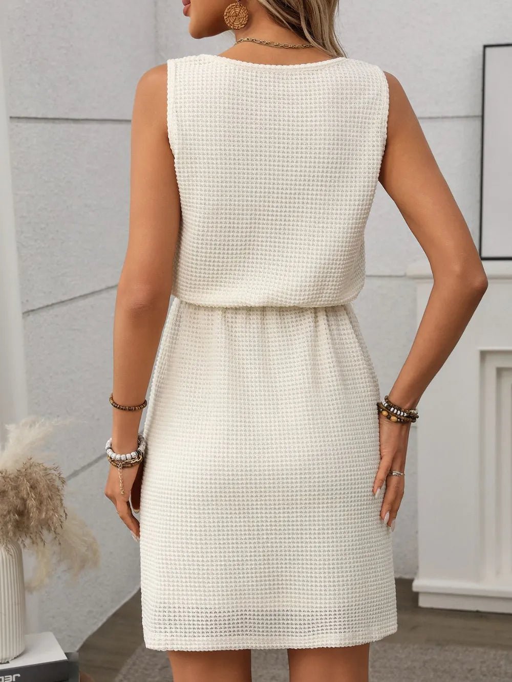 Waffle - Knit Drawstring Mini Tank Dress – Cream by Simply Love