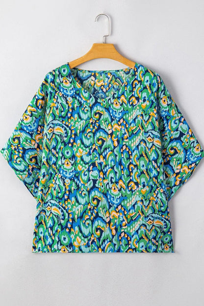 Abstract Print V Neck Half Sleeve Loose Fit Blouse – Turquoise by Simply Love
