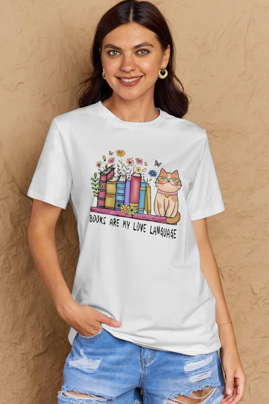 Simply Love Full Size BOOKS ARE MY LOVE LANGUAGE Graphic Cotton Tee – Deep Rose by Simply Love