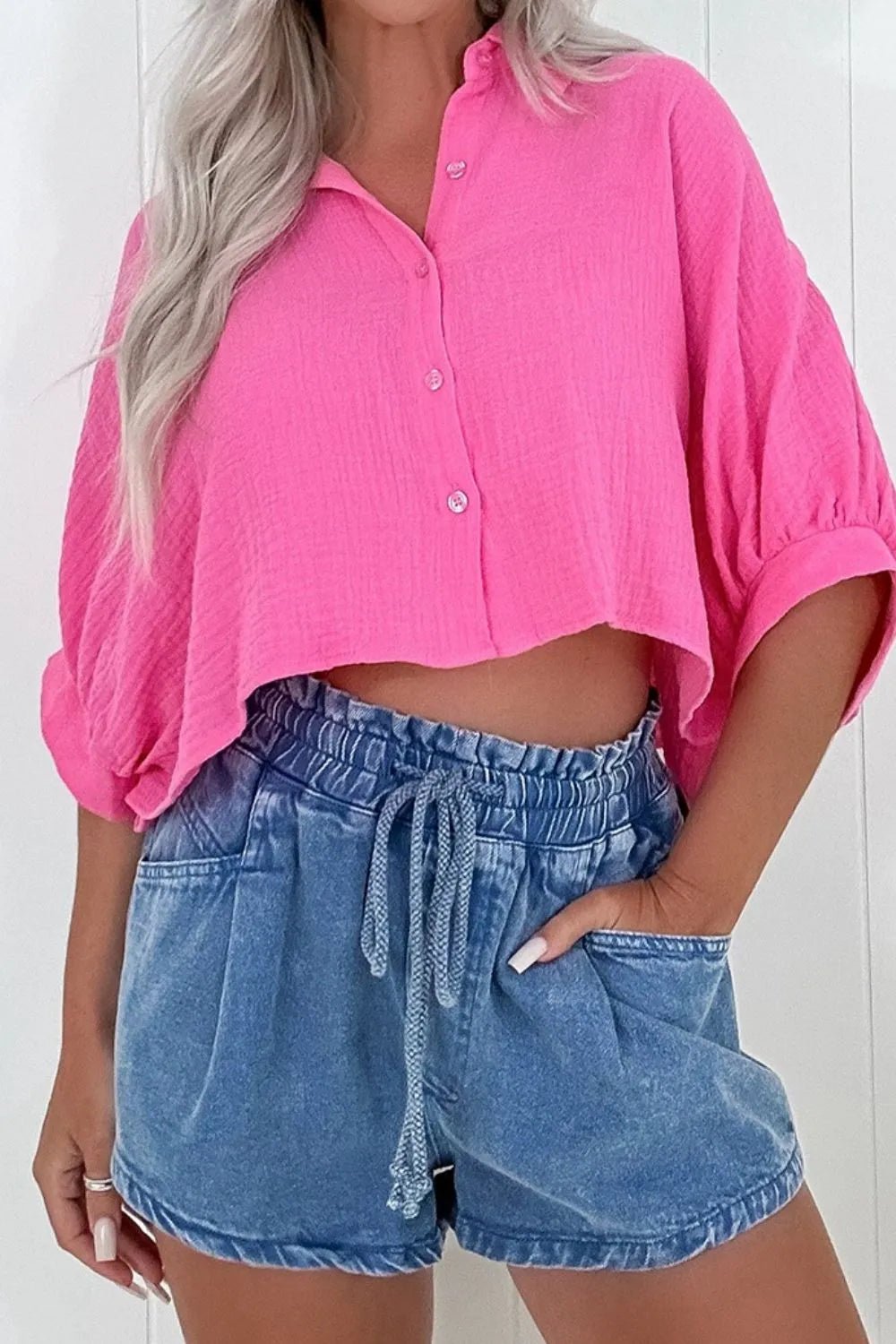 Drawstring High Waist Denim Shorts with Pockets – Medium by Simply Love