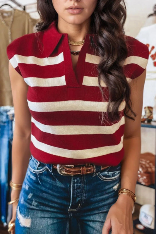 Collared Neck Striped Sweater Vest – Deep Red by Simply Love
