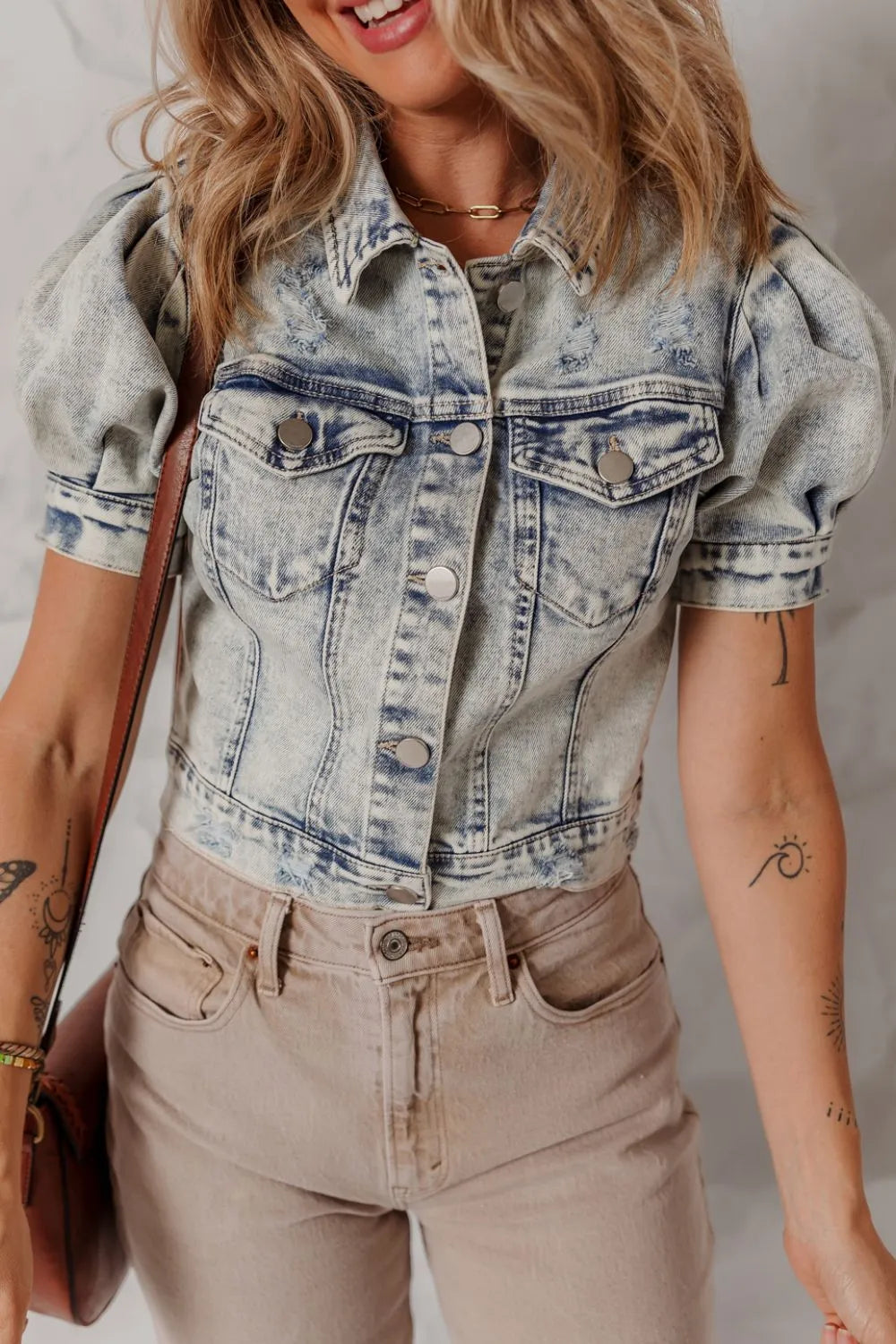Wash Buttoned Chest Pocket Puff Sleeve Denim Jacket