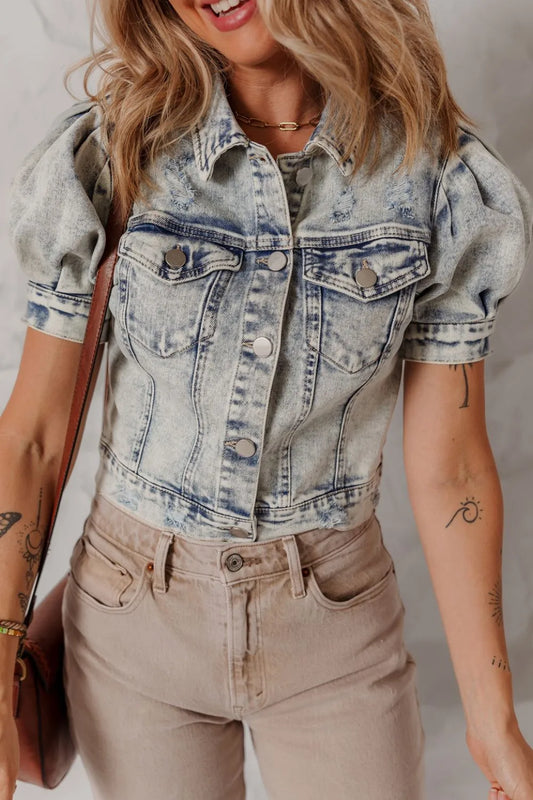 Wash Buttoned Chest Pocket Puff Sleeve Denim Jacket