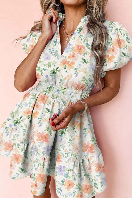 Frill Notched Puff Sleeve Dress – Floral by Simply Love