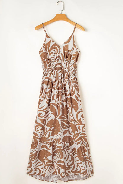 Floral Shirred High Waist Spaghetti Straps Dress
