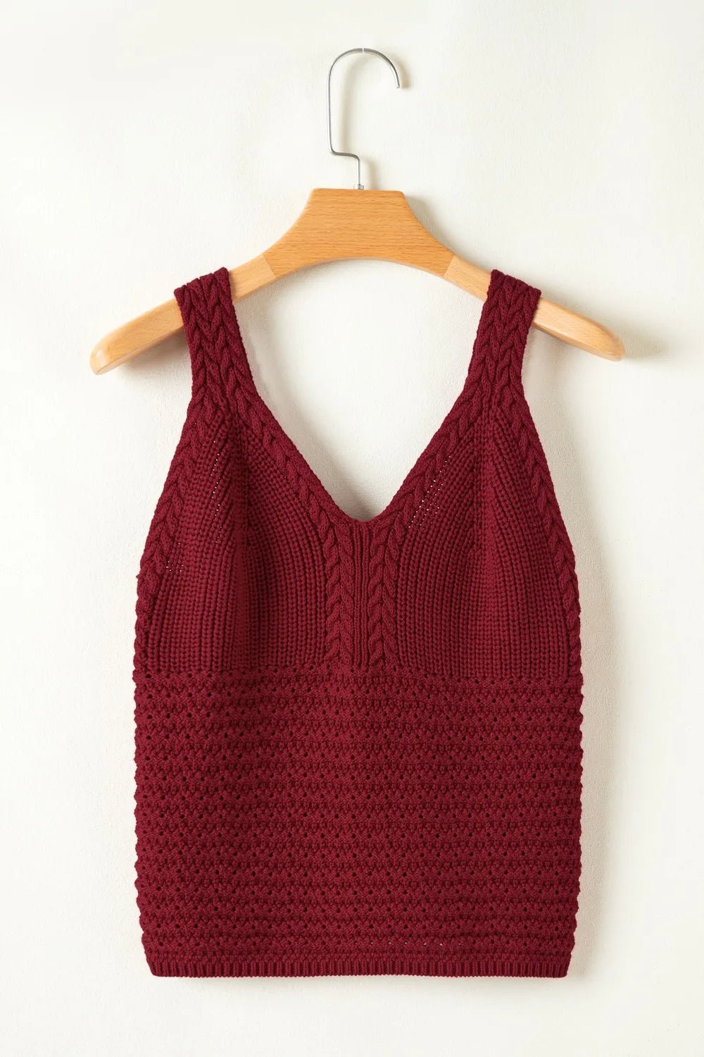 Cable Knit Pointelle Slim Fit V Neck Sweater Vest – Burgundy by Simply Love