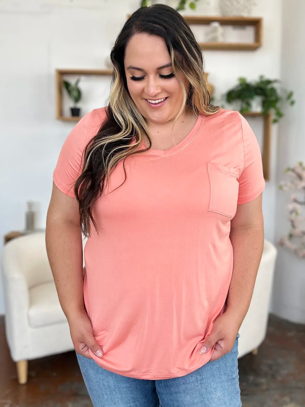 Basic Bae Bamboo Full Size V - Neck Short Sleeve T-Shirt – Watermelon pink by Simply Love