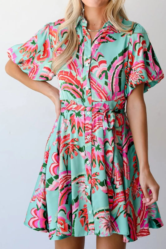 Abstract Print Lace-Up High Waist Buttoned Mini Dress