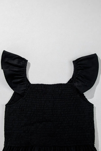 V Neck Ruffled Cap Sleeve Smocked Maxi Dress – Black by Simply Love