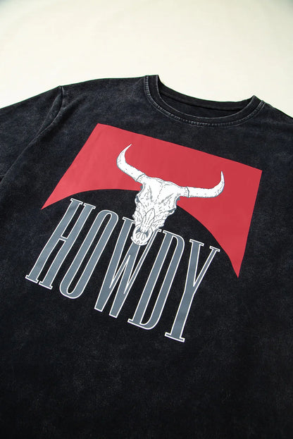 Western HOWDY Steer Head Print Side Slits Loose Fit T Shirt