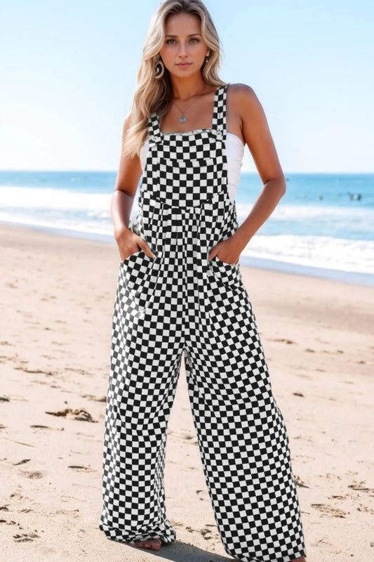 Checkered Print Pocketed Wide Leg Jumpsuit – Black by Simply Love