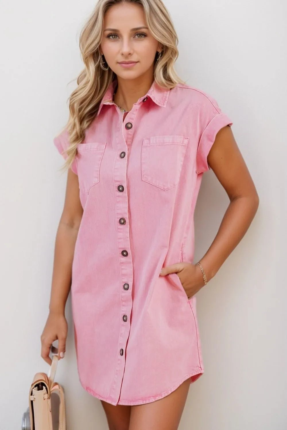 Button Down Short Sleeve Denim Dress – Blush Pink by Simply Love