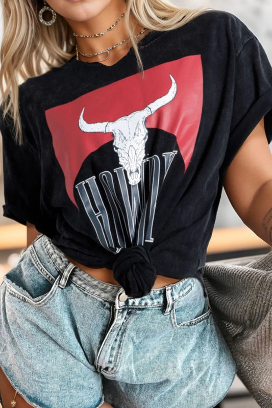 Western HOWDY Steer Head Print Side Slits Loose Fit T Shirt