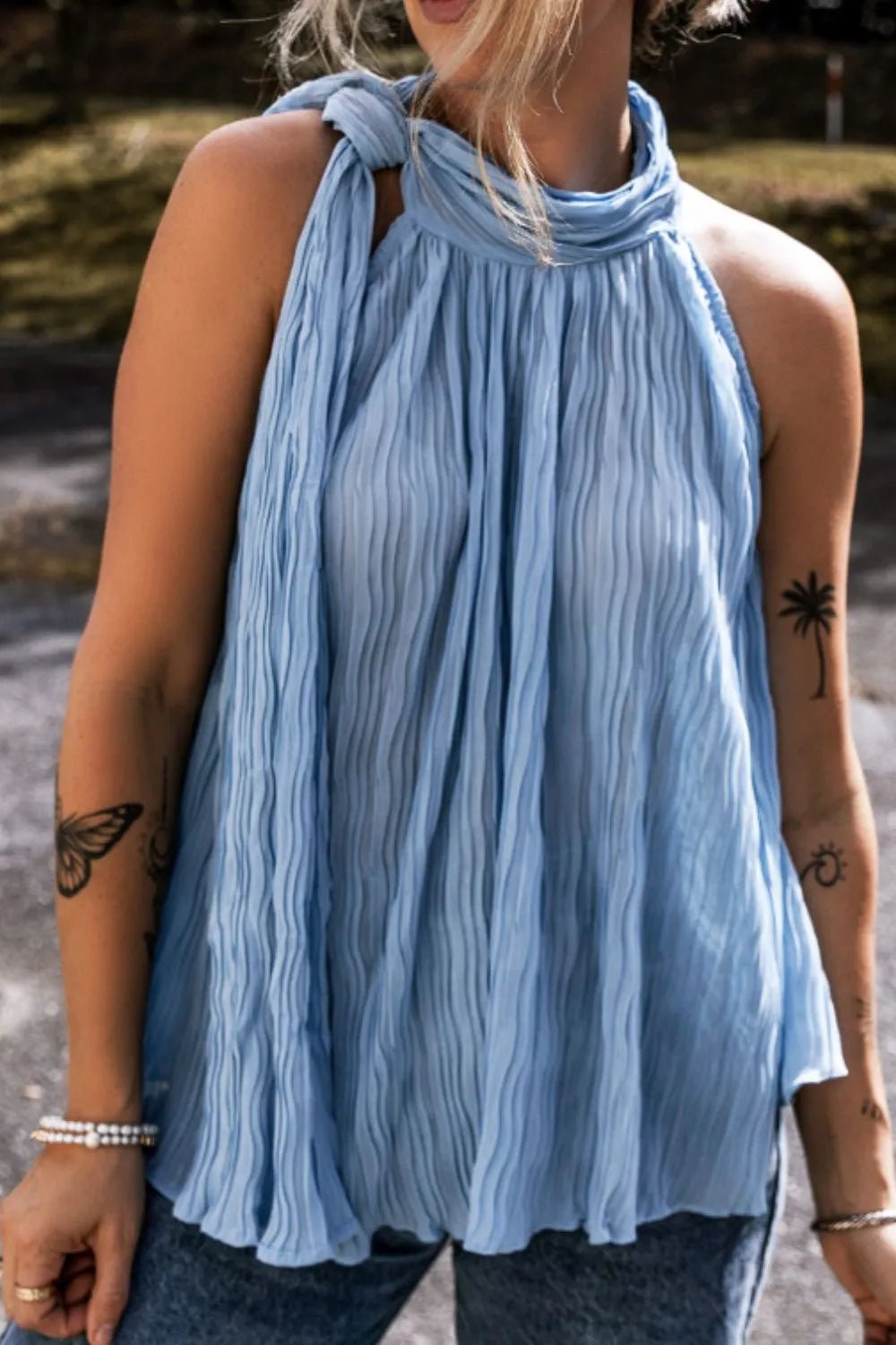 Textured Pleated Tied Mock Neck Flowy Tank Top
