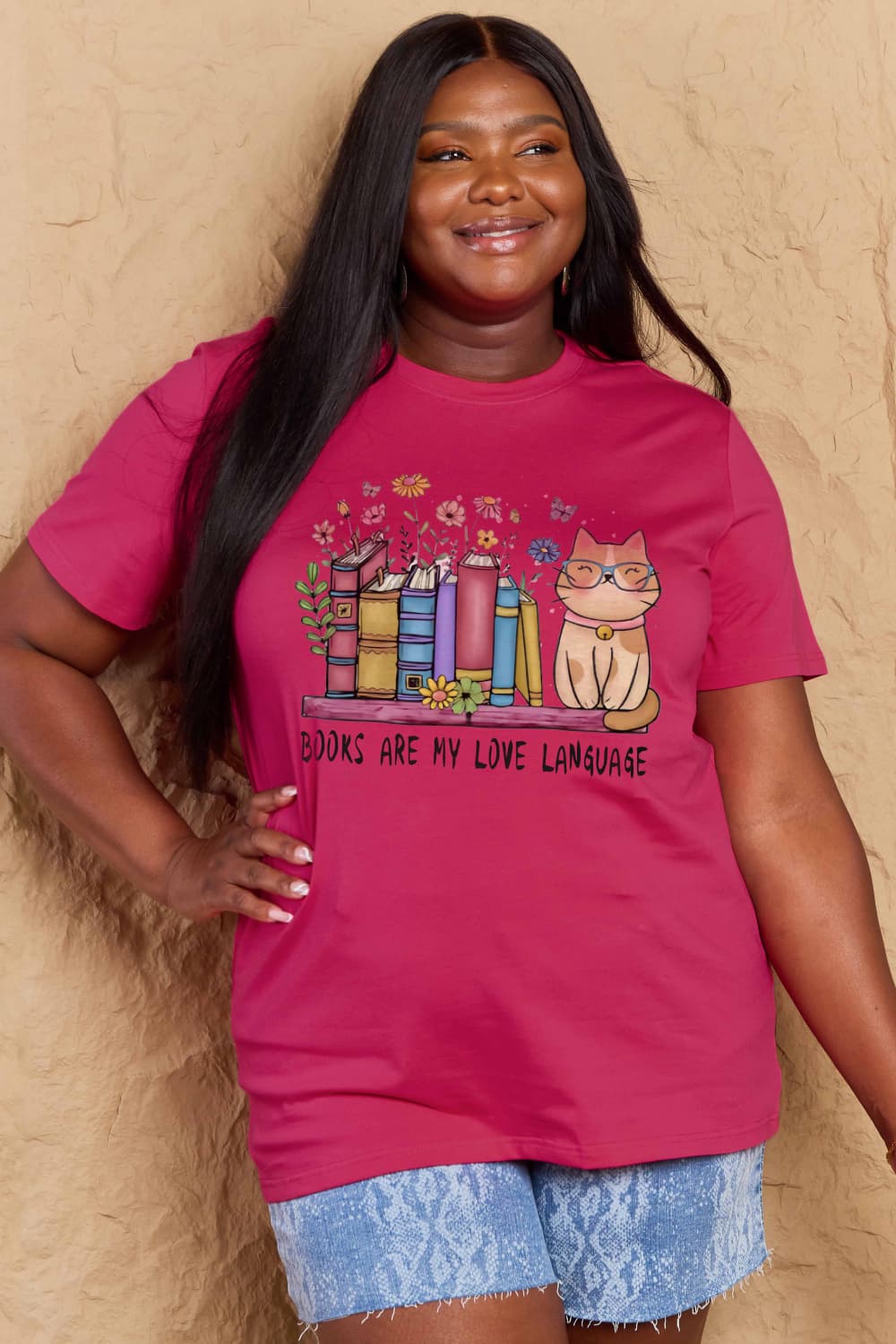 Simply Love Full Size BOOKS ARE MY LOVE LANGUAGE Graphic Cotton Tee – Deep Rose by Simply Love