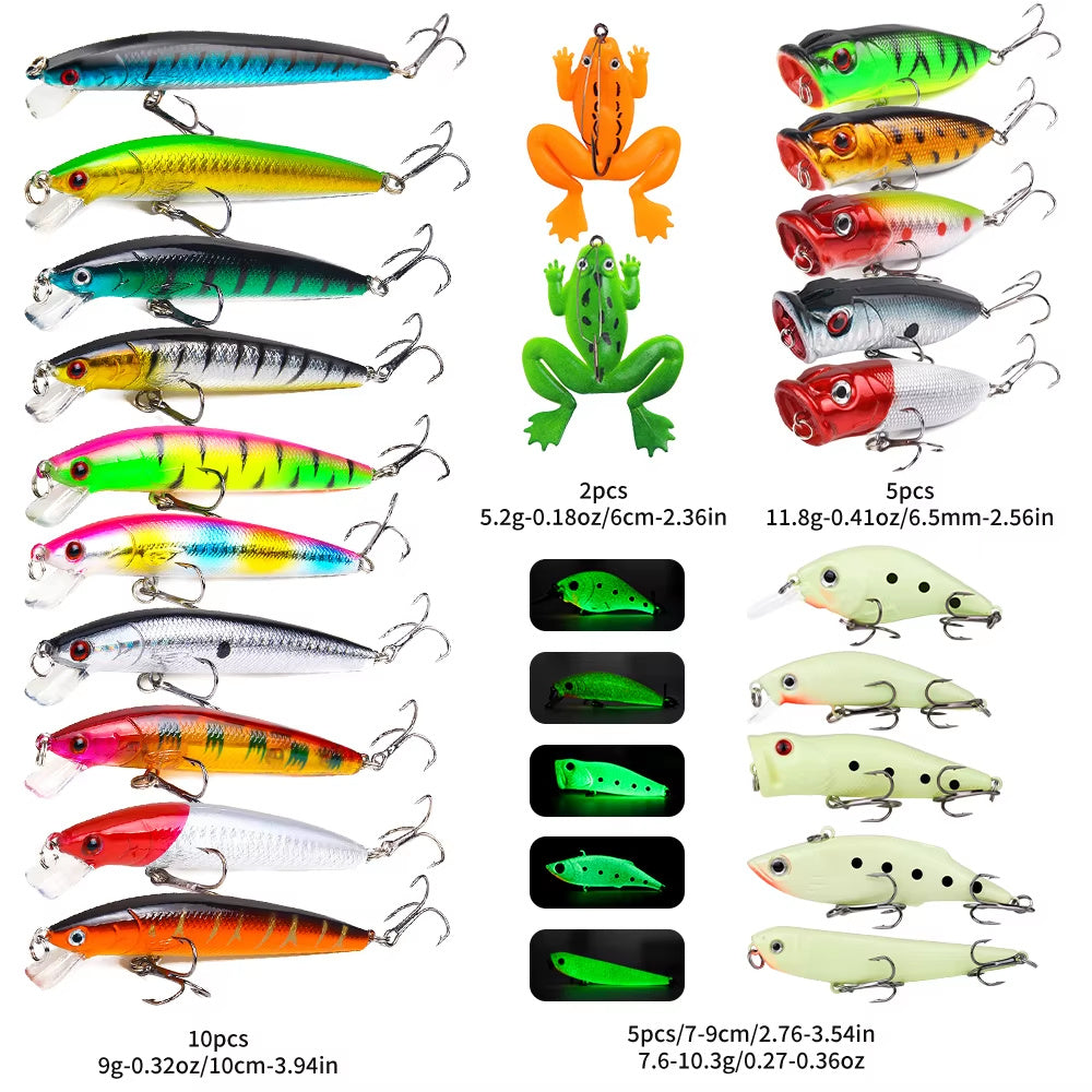 22pc Lure Kit – Hard & Soft Baits, Popper, Minnow, Frog, VIB, Pencil | Topwater & Midwater Set (Ships from U.S.)