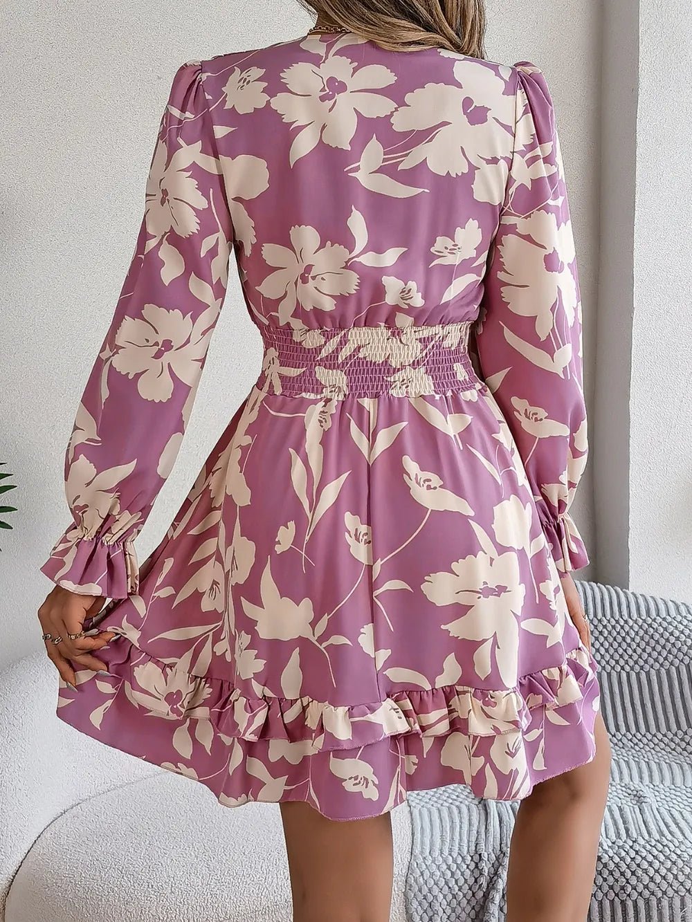 Tied Ruffled Printed Long Sleeve Dress – Lilac by Simply Love