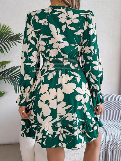 Tied Ruffled Printed Long Sleeve Dress – Dark Green by Simply Love