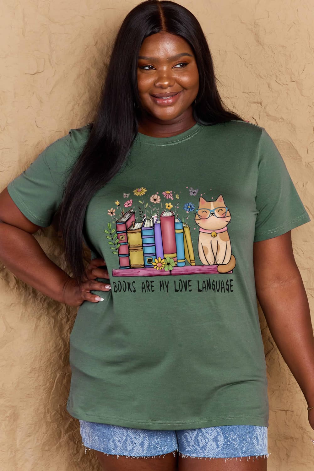Simply Love Full Size BOOKS ARE MY LOVE LANGUAGE Graphic Cotton Tee – Green by Simply Love