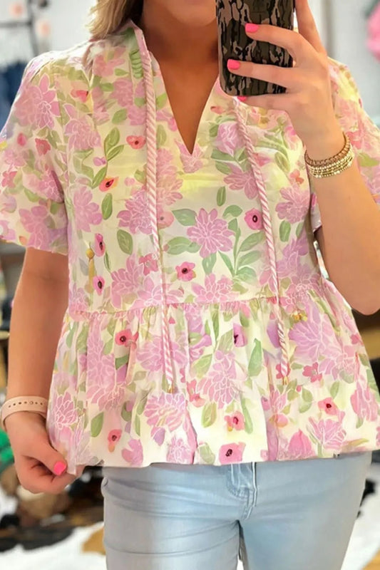 Printed Tie Neck Short Sleeve Blouse – Blush Pink by Simply Love