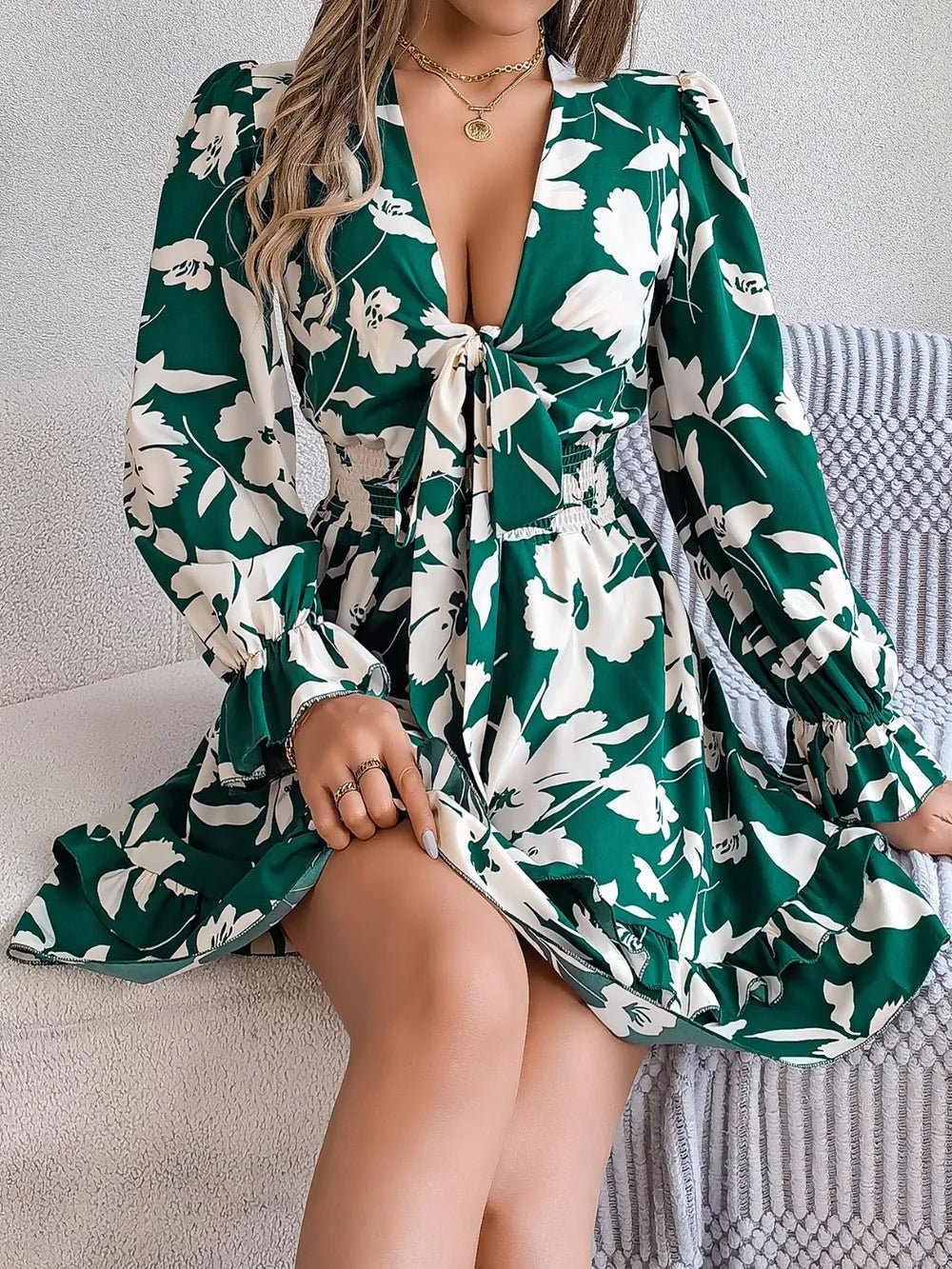 Tied Ruffled Printed Long Sleeve Dress – Dark Green by Simply Love