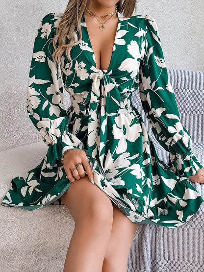 Tied Ruffled Printed Long Sleeve Dress – Dark Green by Simply Love