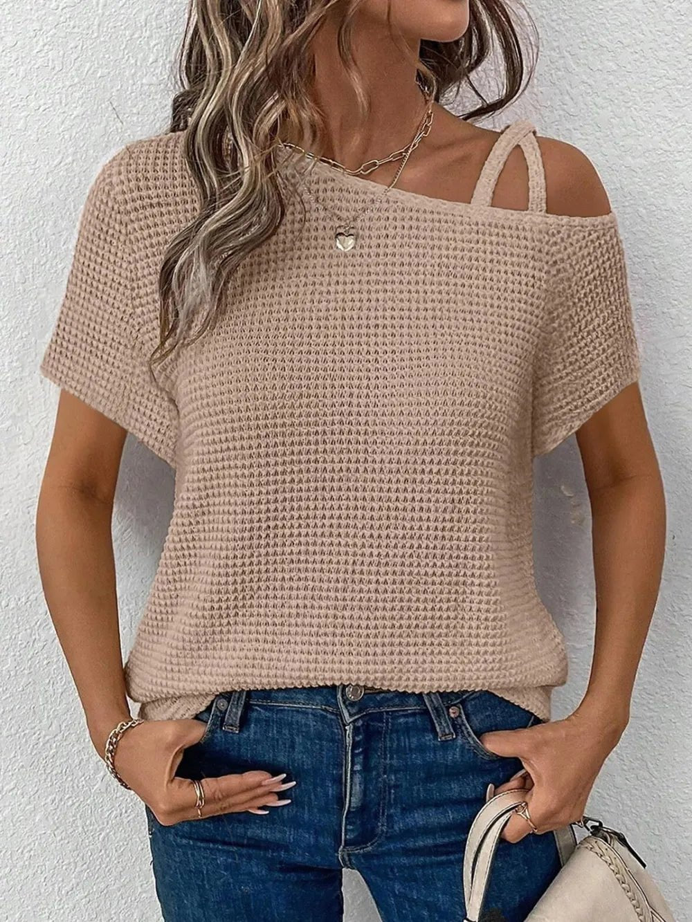 Asymmetrical Neck Short Sleeve T-Shirt – Dust Storm by Simply Love