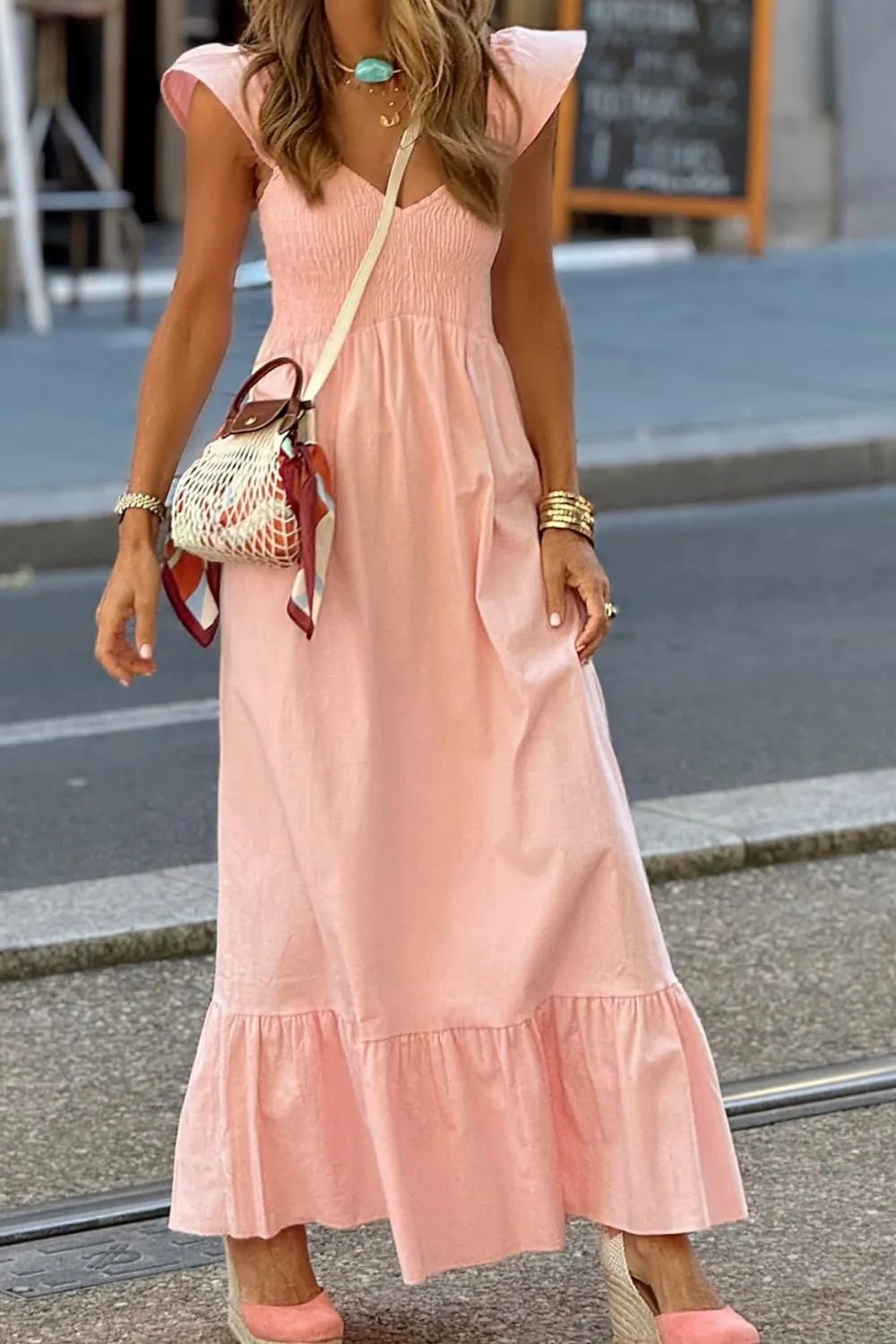 V Neck Ruffled Cap Sleeve Smocked Maxi Dress – Watermelon pink by Simply Love