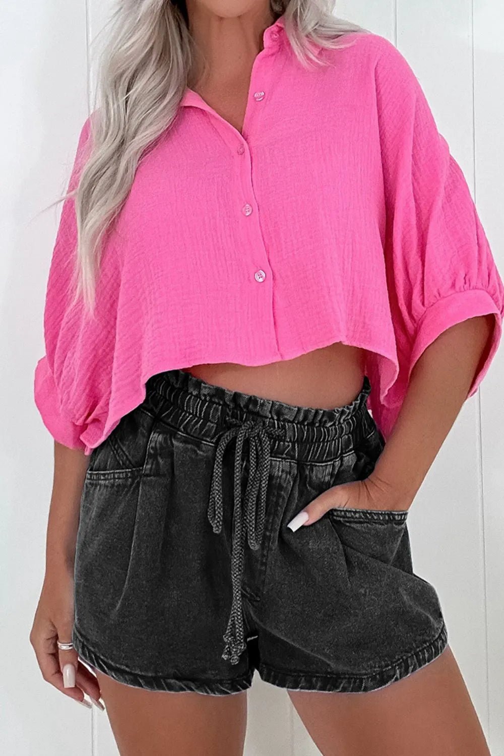 Drawstring High Waist Denim Shorts with Pockets – Black by Simply Love