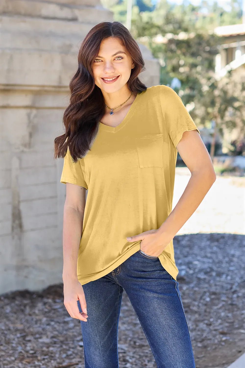 Basic Bae Bamboo Full Size V - Neck Short Sleeve T-Shirt – Yellow by Simply Love