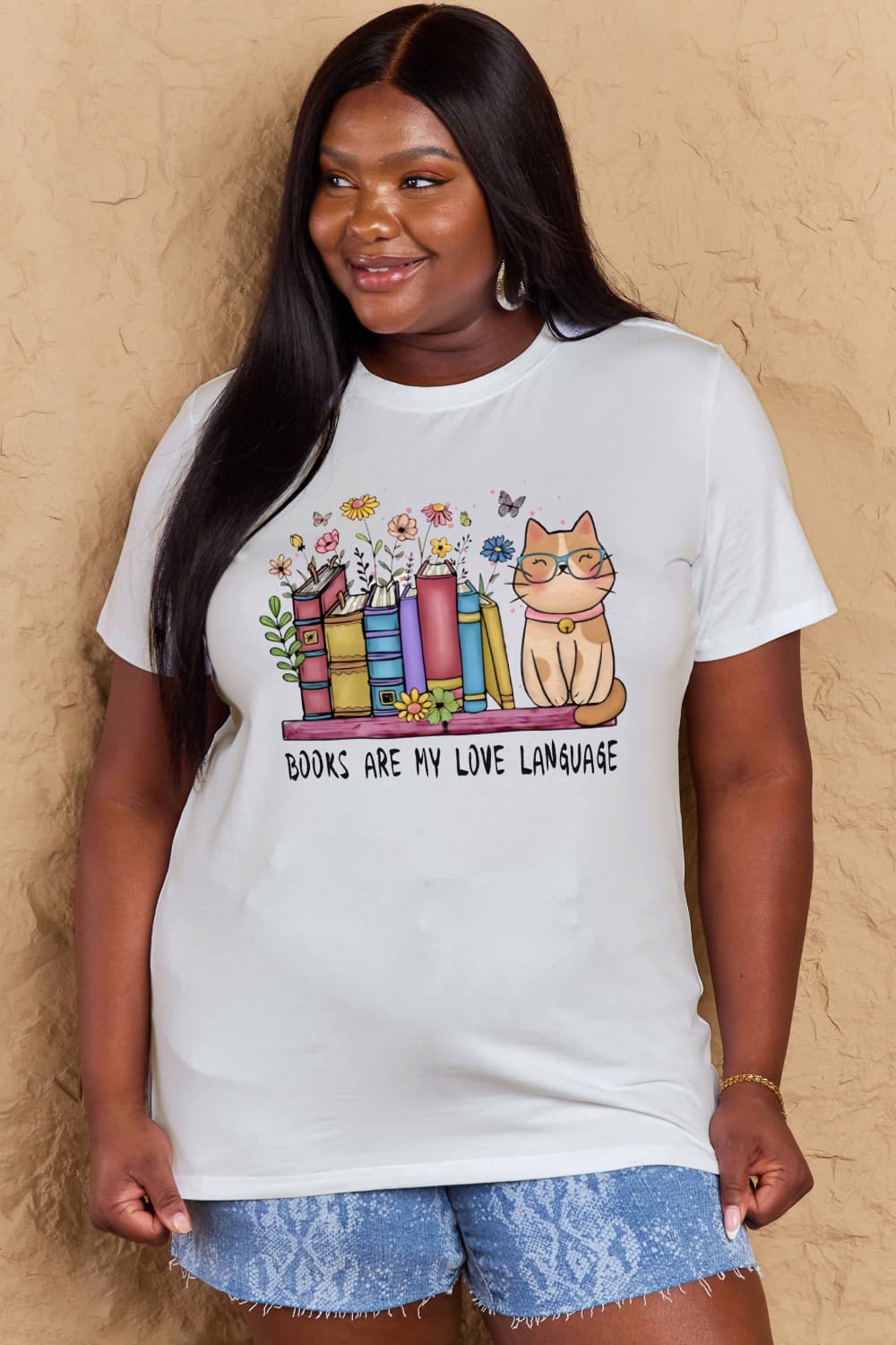 Simply Love Full Size BOOKS ARE MY LOVE LANGUAGE Graphic Cotton Tee – Deep Rose by Simply Love