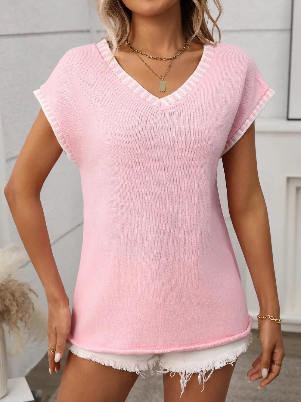 Contrast Trim V - Neck Short Sleeve Knit Top – Blush Pink by Simply Love