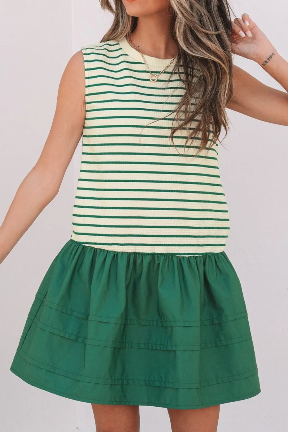 Stripe Woven Sleeveless Mini Dress – Dark Green by Simply Love