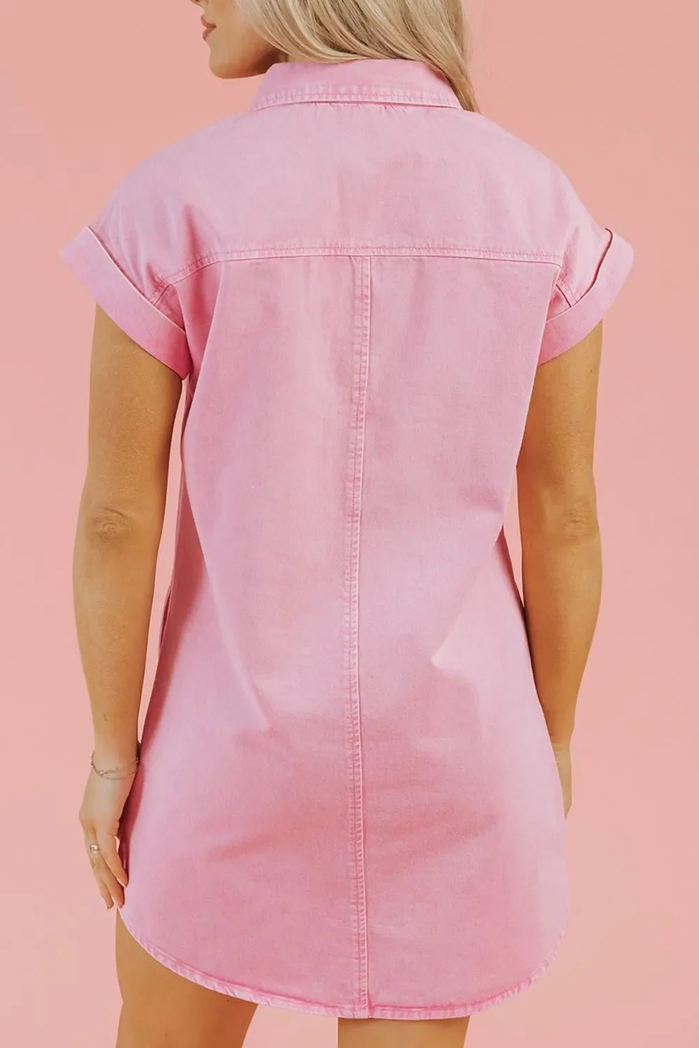 Button Down Short Sleeve Denim Dress – Blush Pink by Simply Love