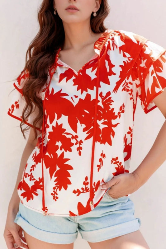 Plant Print Tiered Ruffled Sleeve Tie Neck Blouse – Red by Simply Love