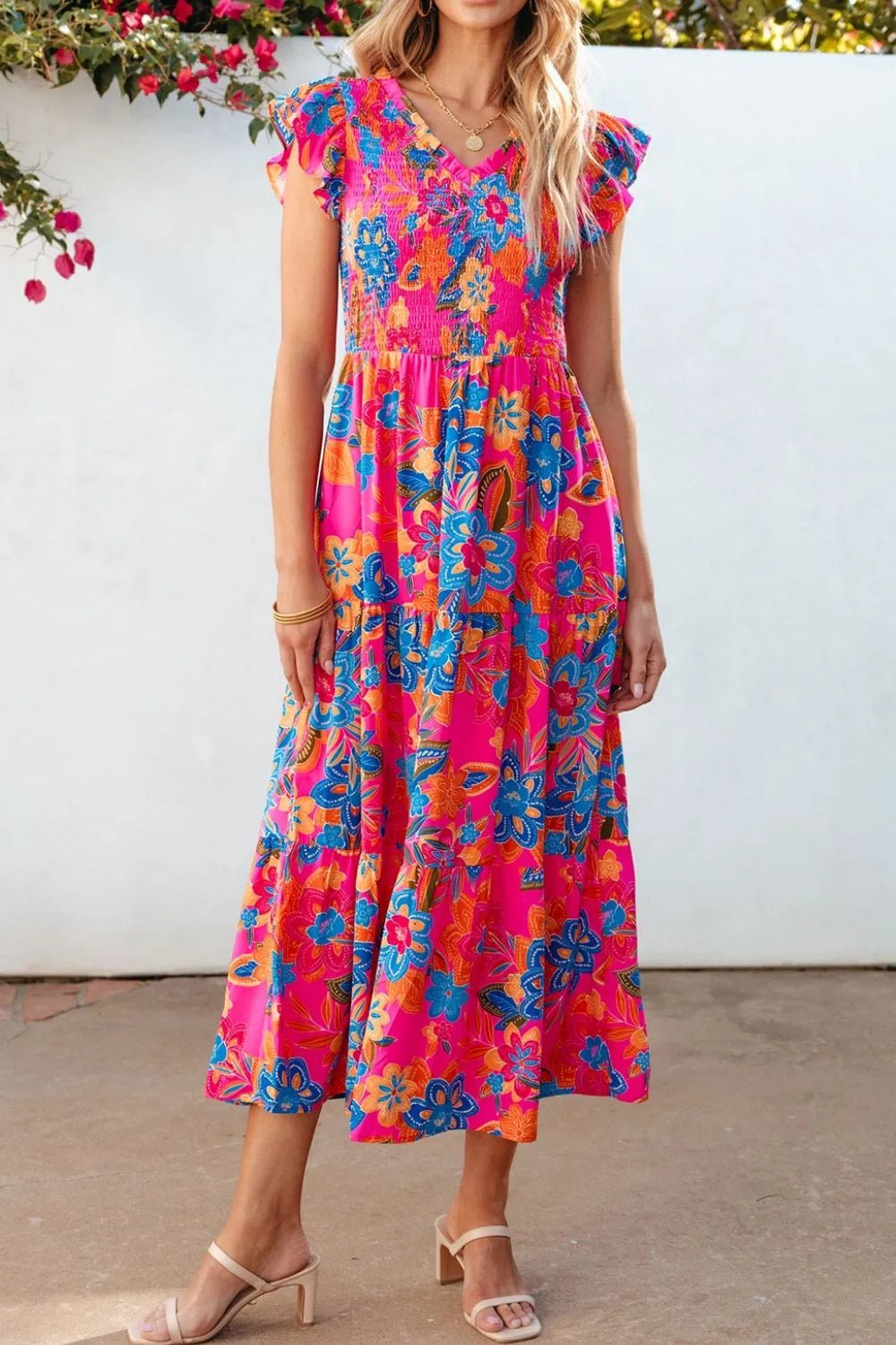 Boho Floral V Neck Ruffle Tiered Dress – Hot Pink by Simply Love