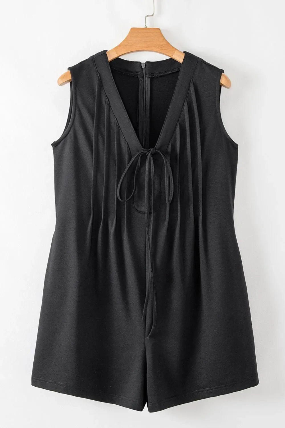 Tie V Neck Pintuck Sleeveless Loose Romper – Black by Simply Love