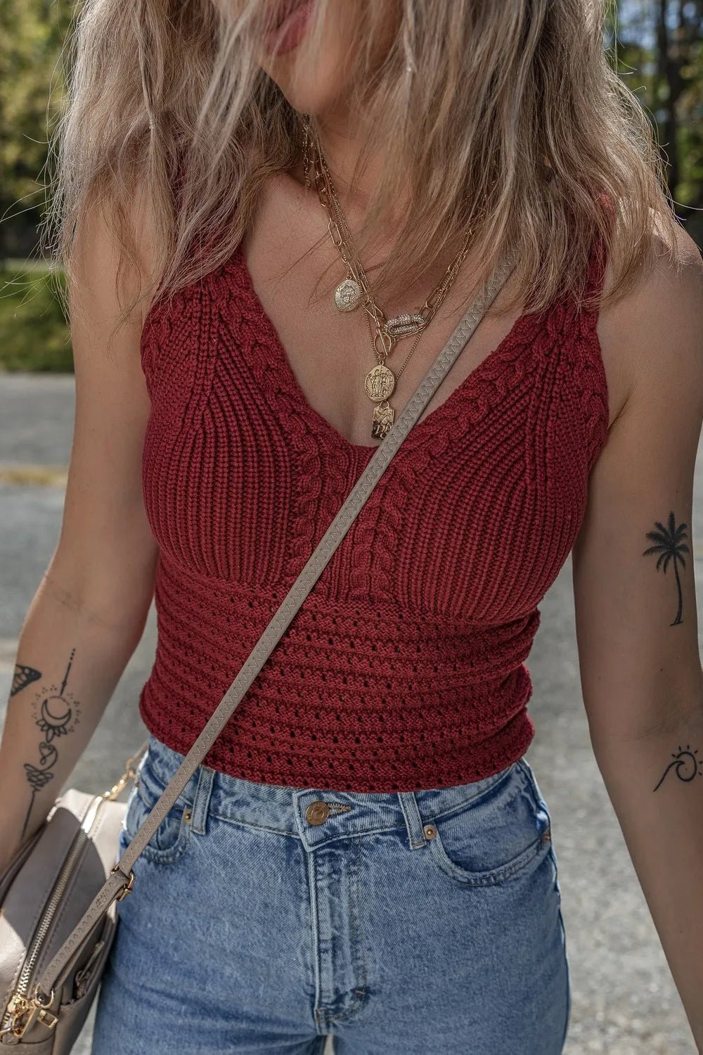 Cable Knit Pointelle Slim Fit V Neck Sweater Vest – Burgundy by Simply Love