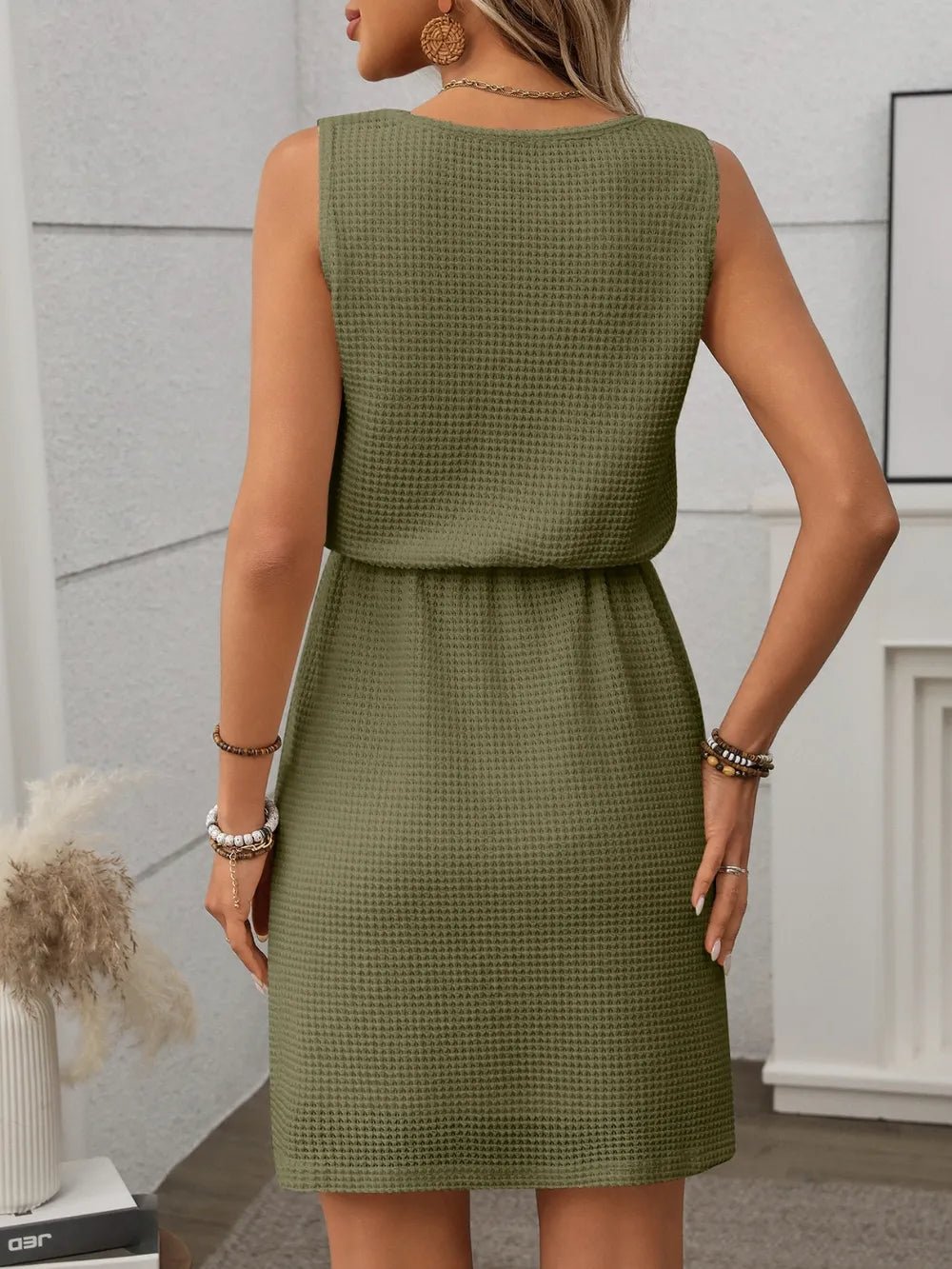 Waffle - Knit Drawstring Mini Tank Dress – Moss by Simply Love