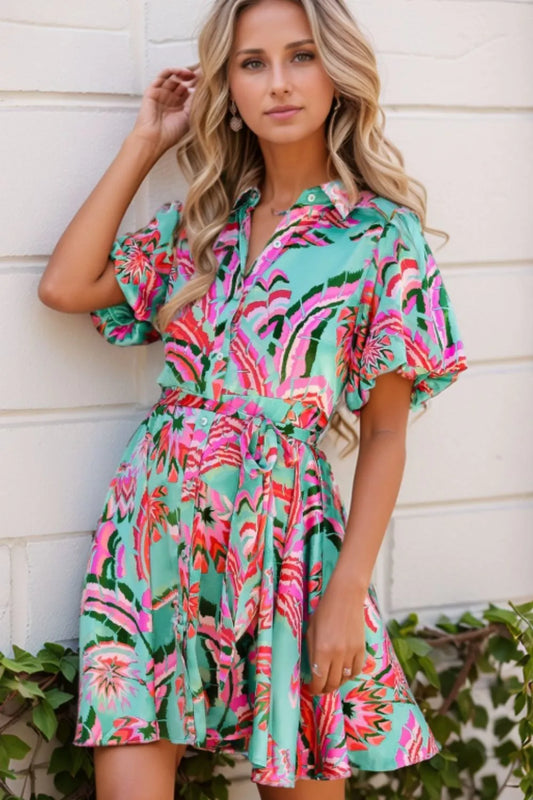 Abstract Print Lace-Up High Waist Buttoned Mini Dress