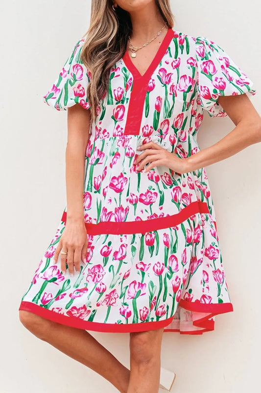 Floral Print Contrast Trim V Neck Bubble Short Sleeve Babydoll Dress – Strawberry by Simply Love