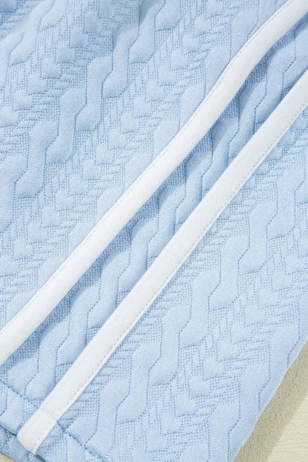 Contrast Trim Textured Crewneck Tee and Pocketed Skirt Set – Light Blue by Simply Love