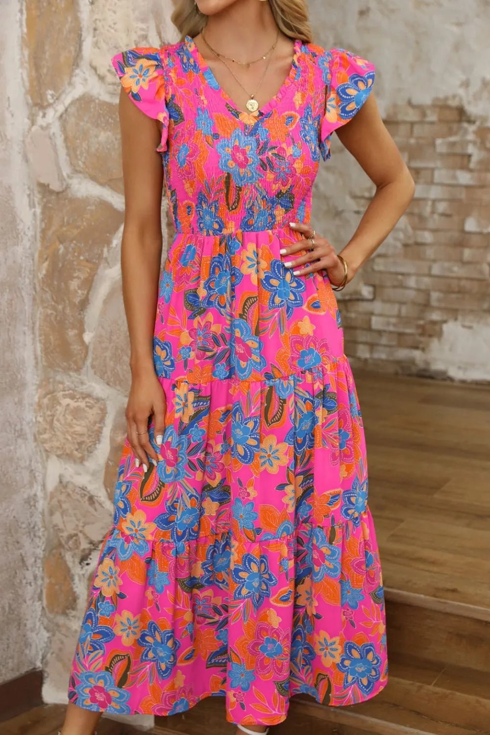 Boho Floral V Neck Ruffle Tiered Dress – Hot Pink by Simply Love