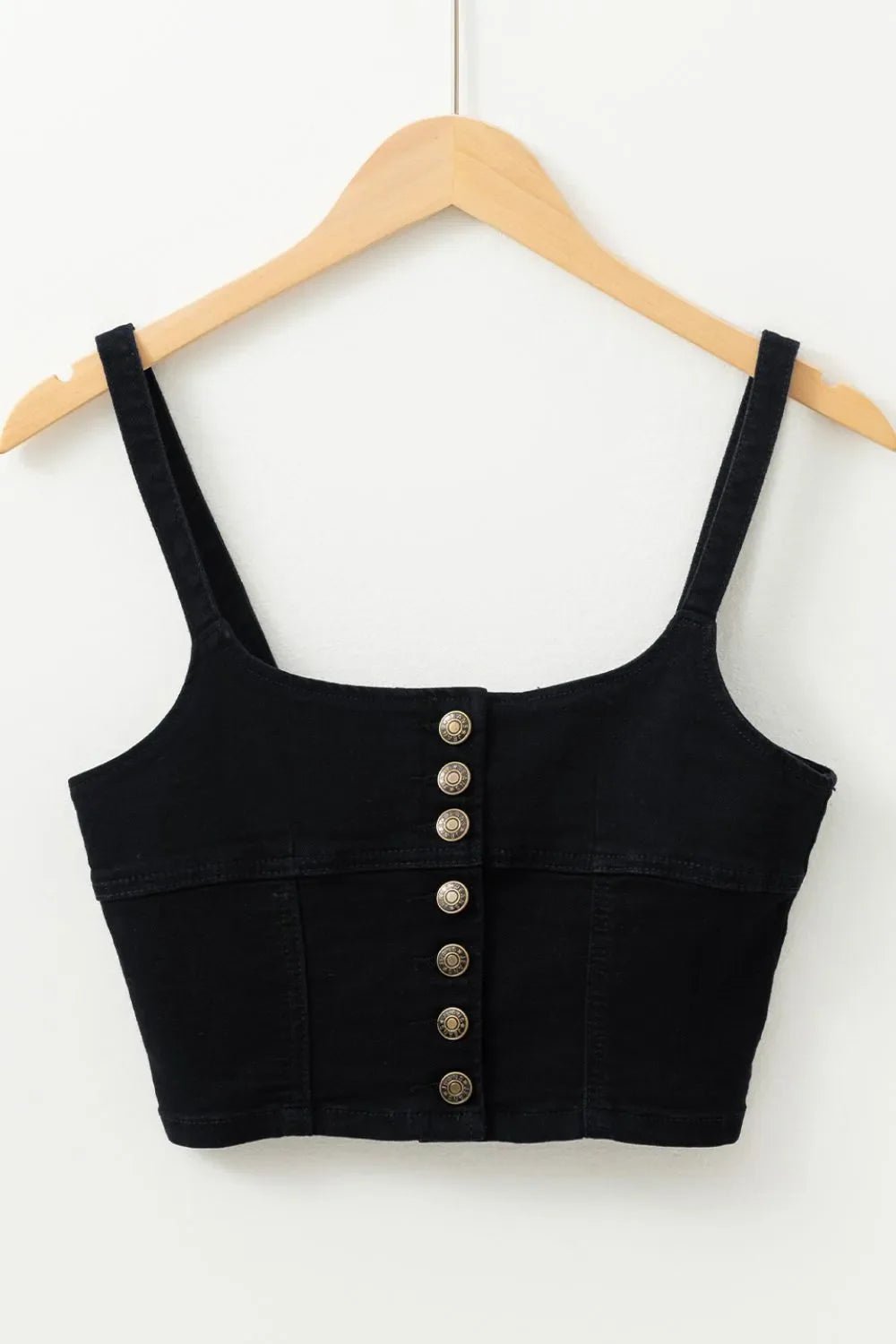 Acid Wash Buttoned Cropped Slim Denim Tank Top – Black by Simply Love