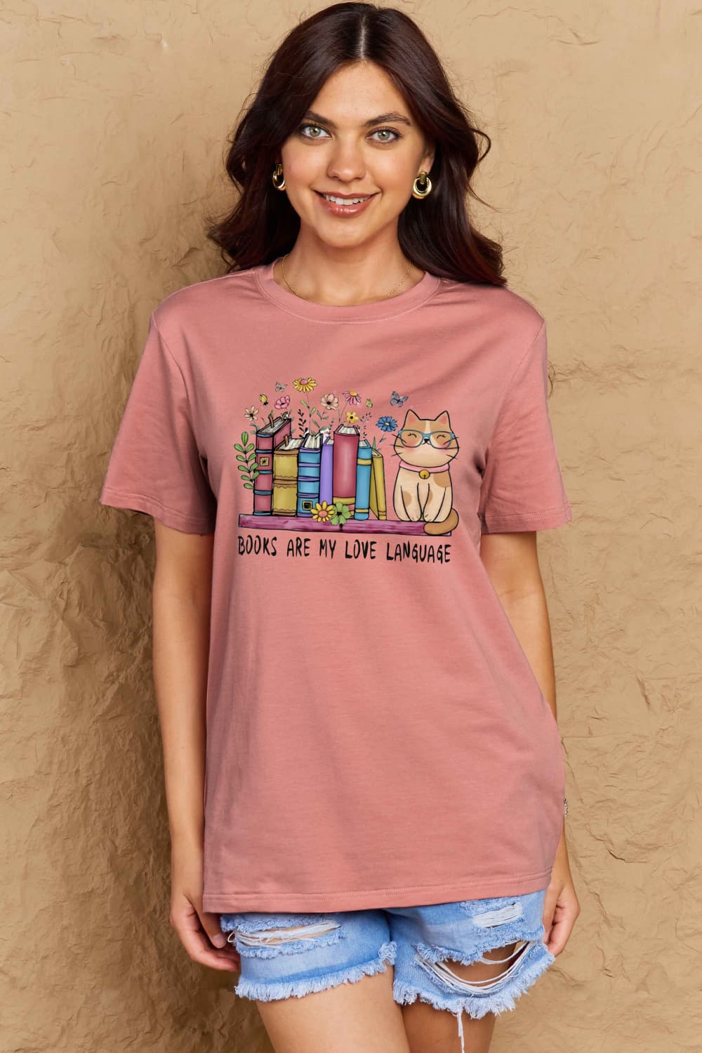 Simply Love Full Size BOOKS ARE MY LOVE LANGUAGE Graphic Cotton Tee – Dusty Pink by Simply Love