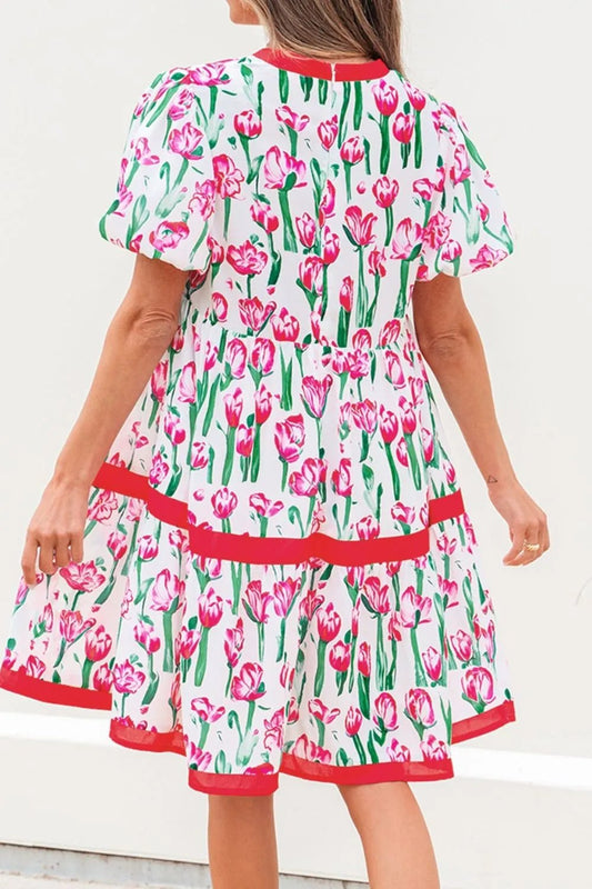 Floral Print Contrast Trim V Neck Bubble Short Sleeve Babydoll Dress – Strawberry by Simply Love