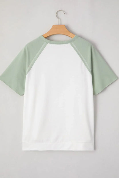 Color Block Raglan Short Sleeve Half Buttons High Low T Shirt – Sage by Simply Love