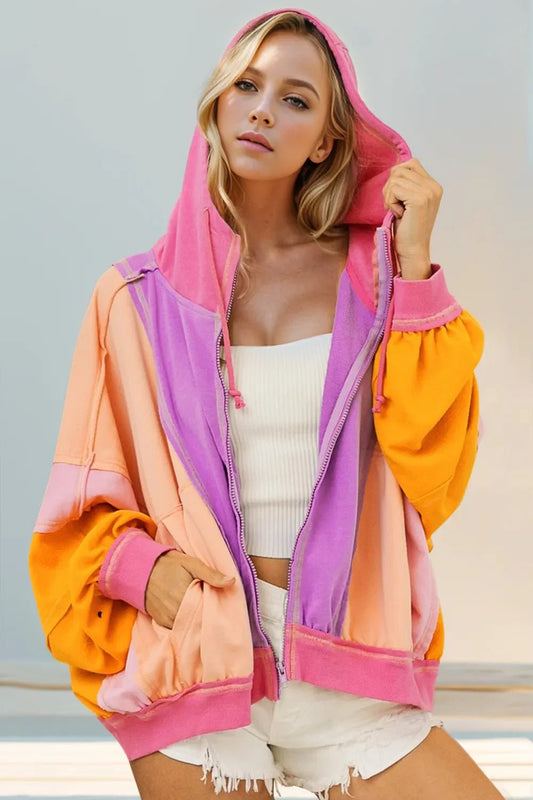Double Take Full Size Color Block Zip Up Hoodie – Heliotrope Purple by Simply Love