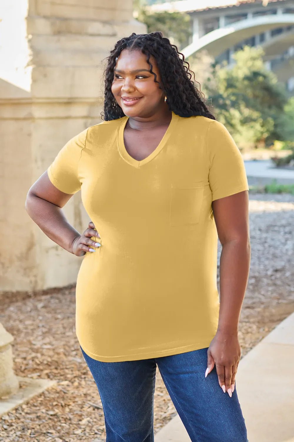 Basic Bae Bamboo Full Size V - Neck Short Sleeve T-Shirt – Yellow by Simply Love